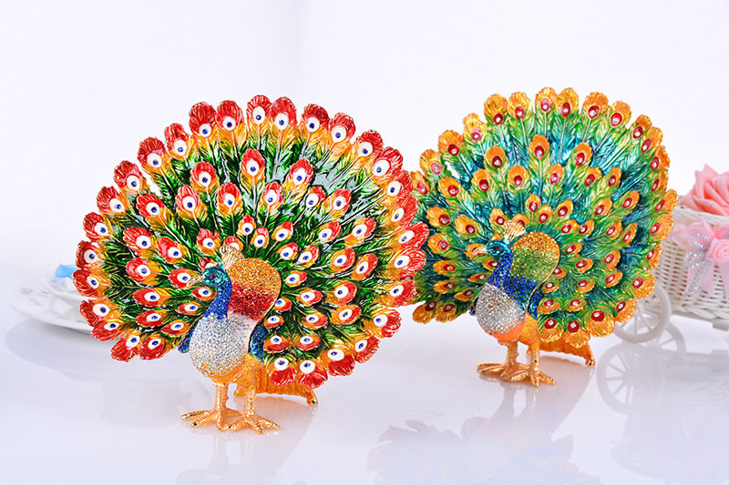 Peacock screen shaped enamel ornament