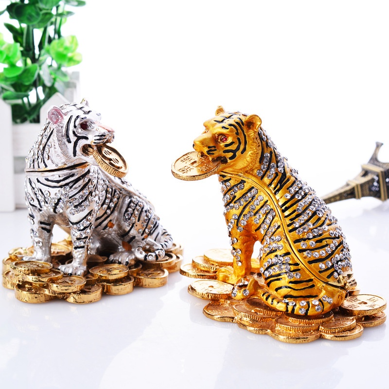 Tiger shaped diamond inlaid enamel jewelry box