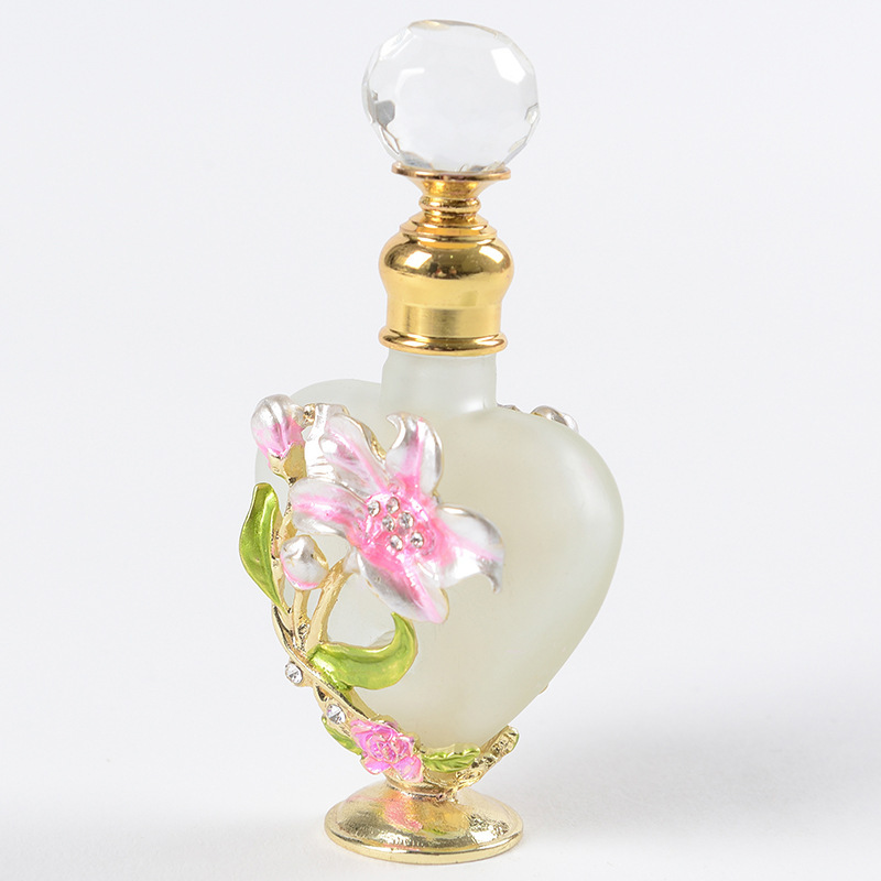 Hand painted enamel heart shaped perfume bottle