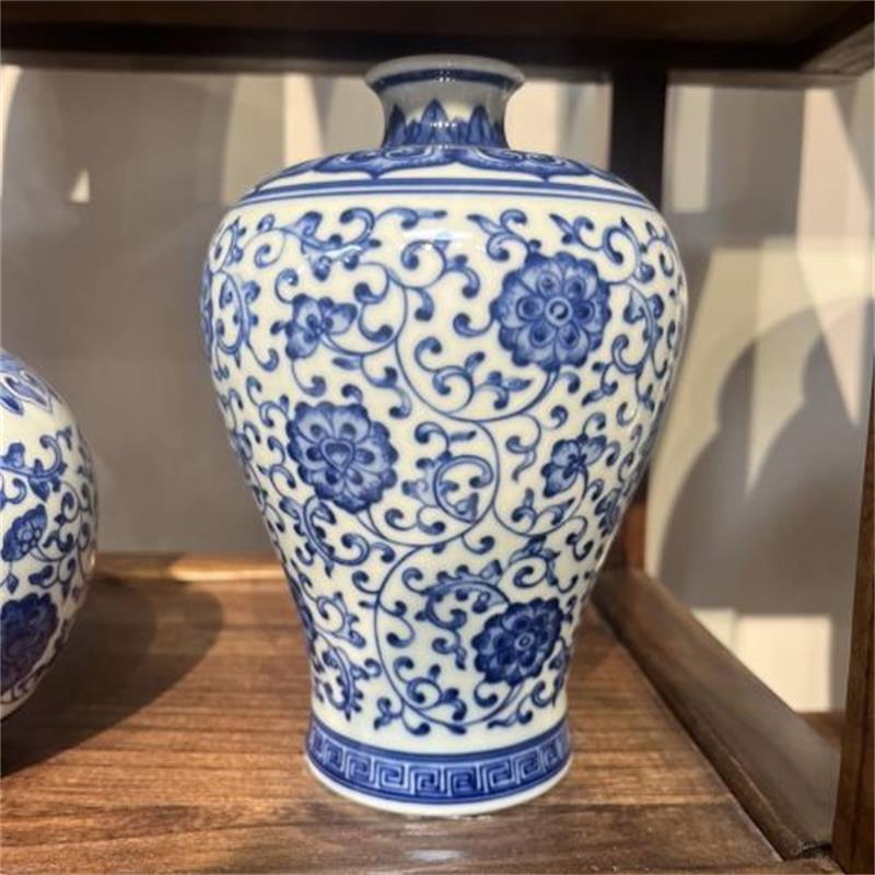 Antique Hand-Painted Prunus & Lotus Ceramic Vase