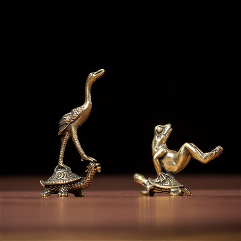Solid Brass Crane, Turtle & Frog Miniature Sculpture